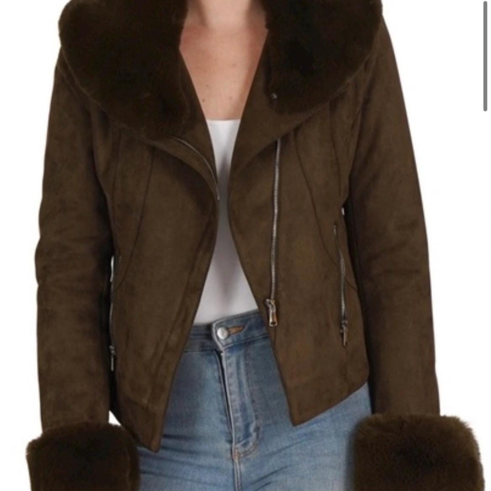 Army Green Love Token Faux Fur Trim Jacket Size Small